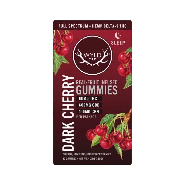 wyld dark cherry sleep cbd+thc gummies – full spectrum | 30ct, 60mg thc + 150mg cbn + 600mg cbd