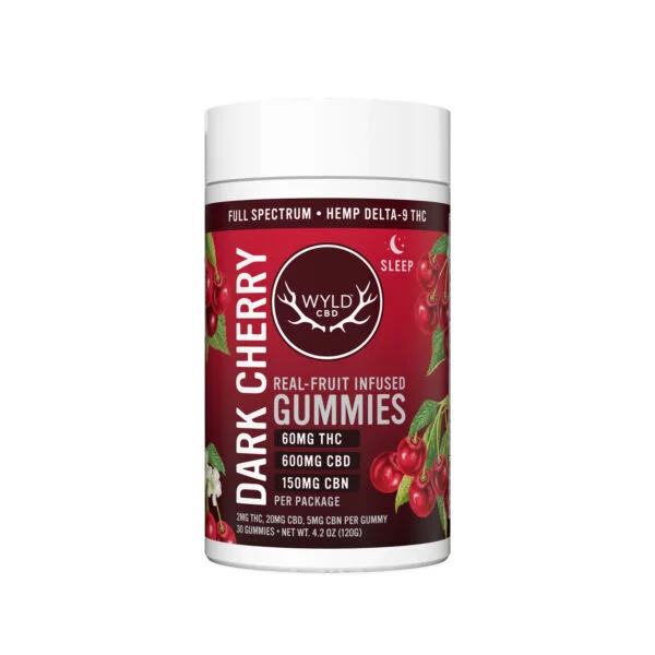 wyld dark cherry sleep cbd+thc gummies – full spectrum | 30ct, 60mg thc + 150mg cbn + 600mg cbd